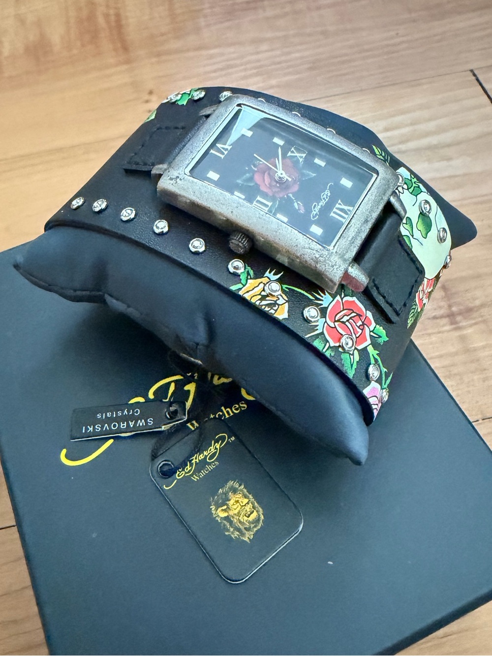Ed Hardy Rockstar Roses Black Leather & Swavorski Cuff Watch Y2K BNIB Vintage